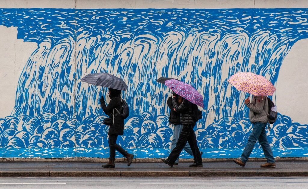 umbrellas, people, wall